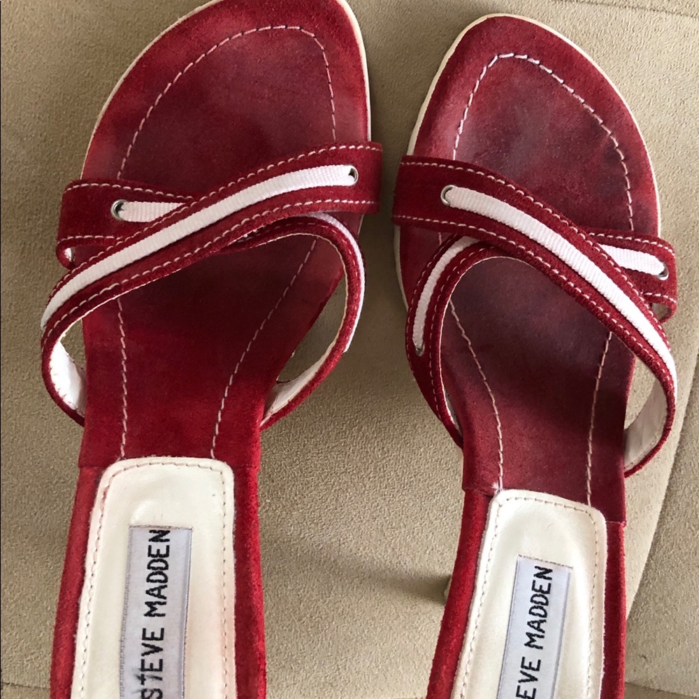 Red suede upper/sole w/white embellishments/heels